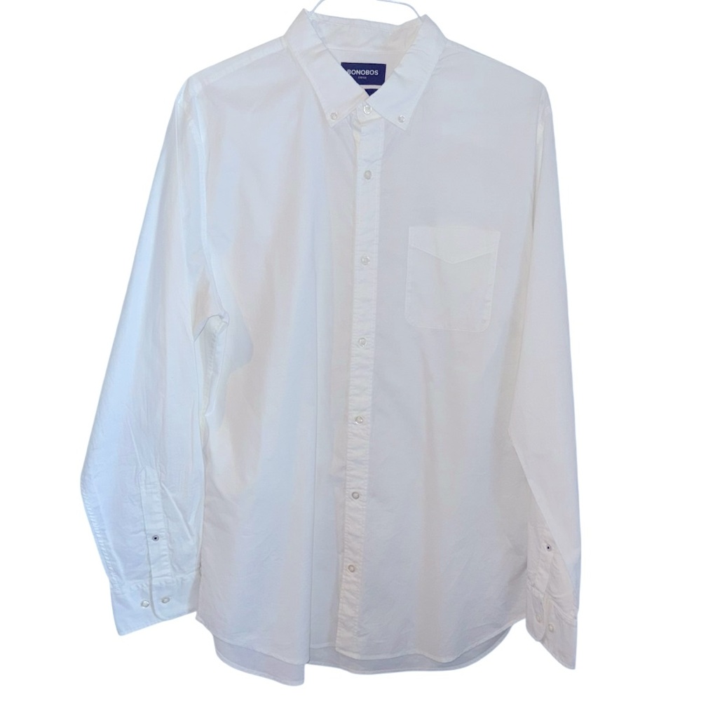 BONOBOS BRAND STRETCH SLIM FIT LONG SLEEVE WHITE BUTTON DOWN SHIRT. SIZE LONG XL